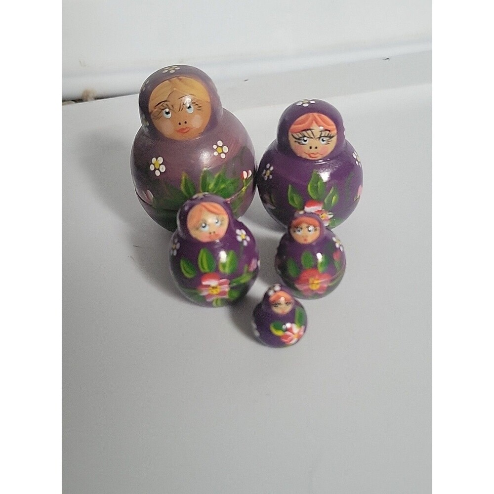 Russian Wooden 5 Piece Nesting Doll Set Babushka Style Purple W White Red Flower